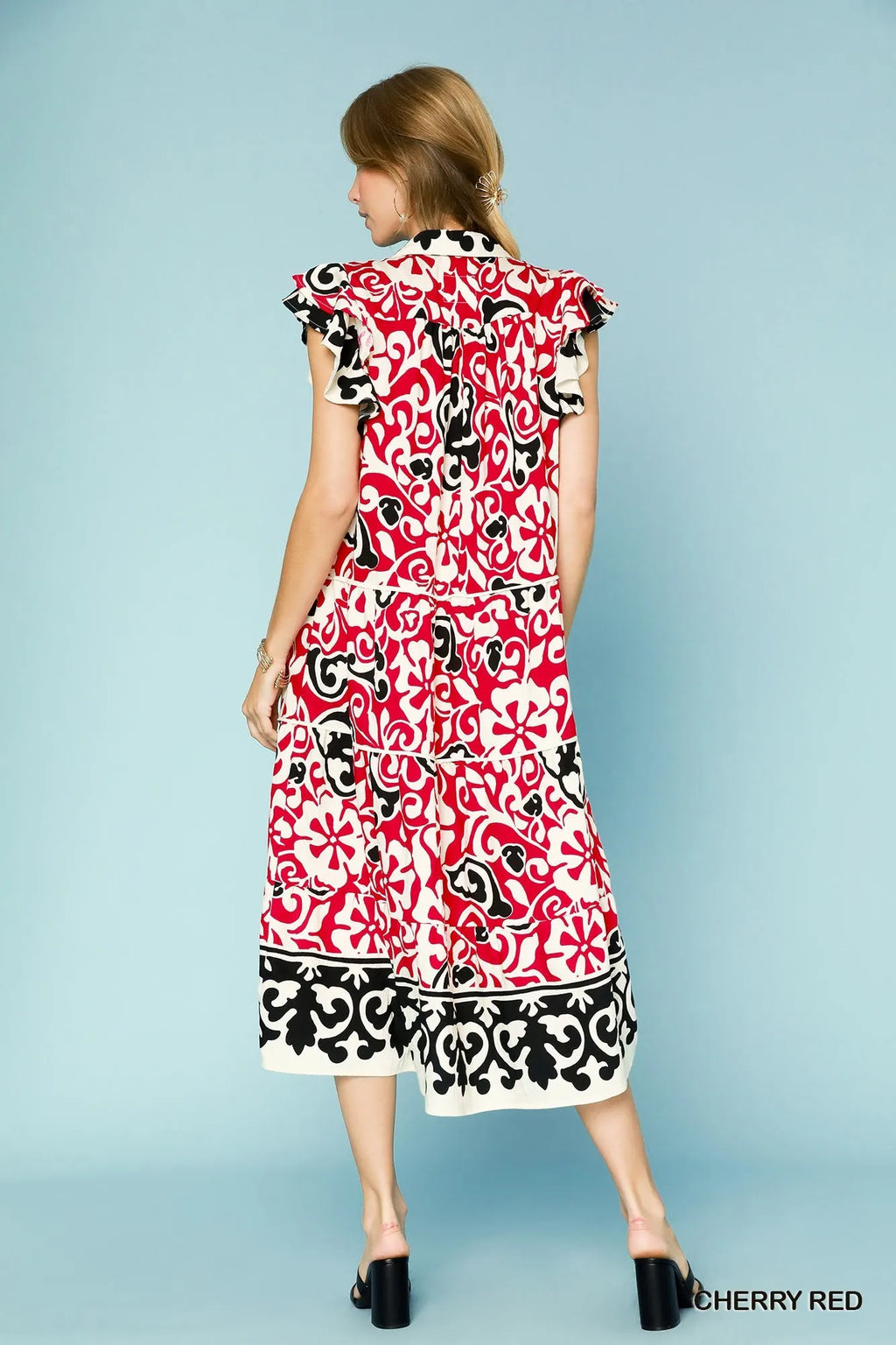Garden Naked Umgee Printed Ruffled Cap Sleeve Midi Dress