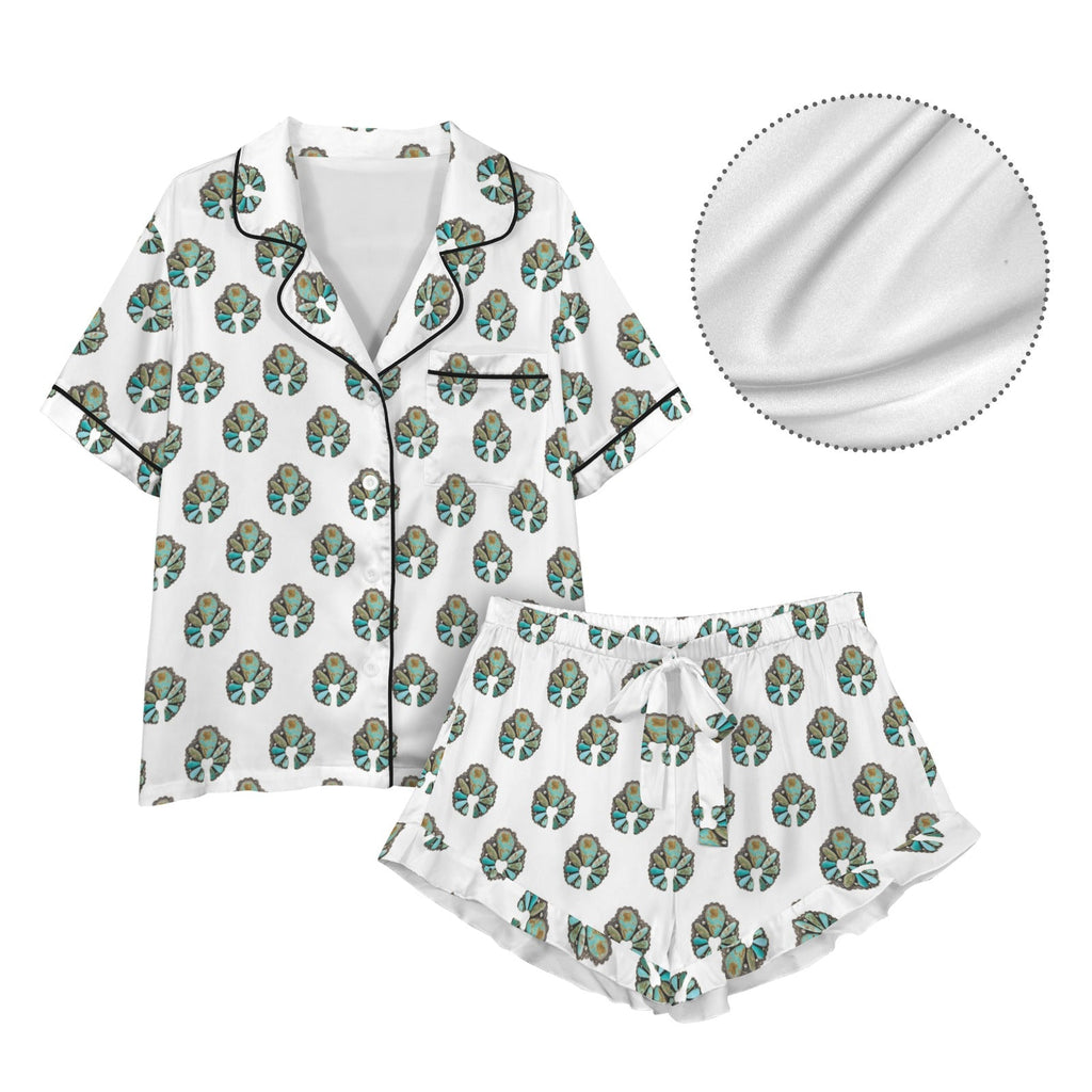 Turquoise Squash Blossom Satin Ruffle Pajama Set
