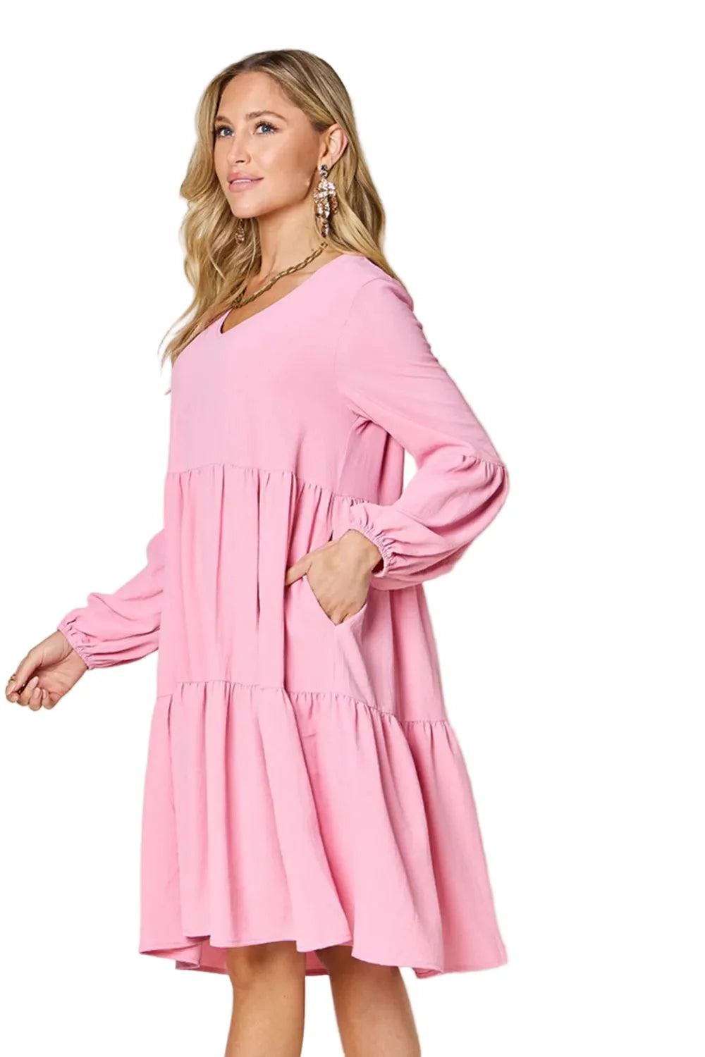 Garden Naked Double Take Full Size V-Neck Balloon Sleeve Tiered Dress with Pockets