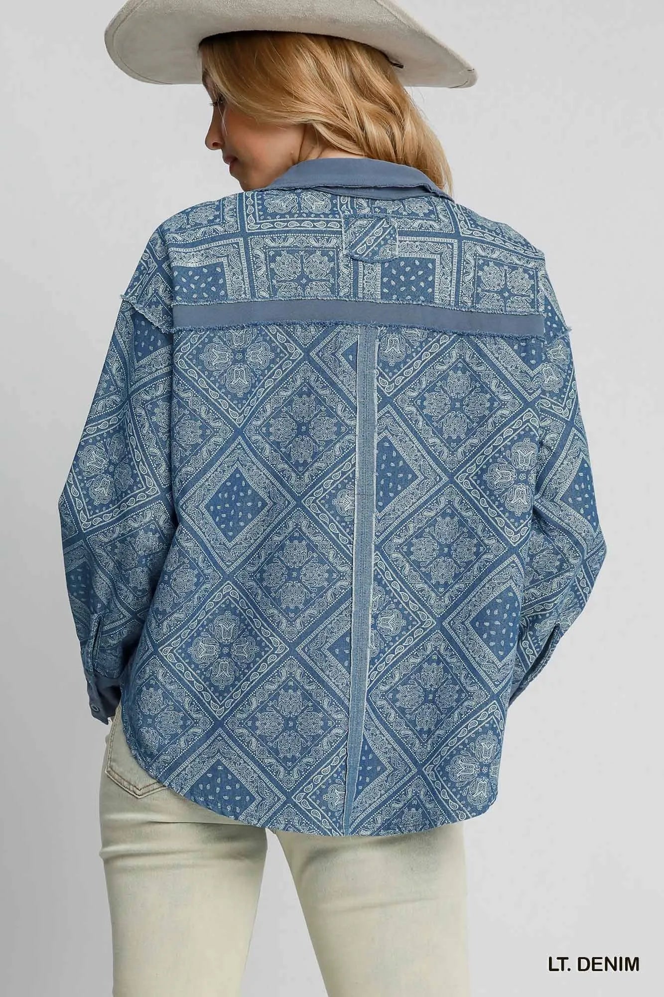 Garden Naked Umgee Paisley Print Denim Shirt Jacket