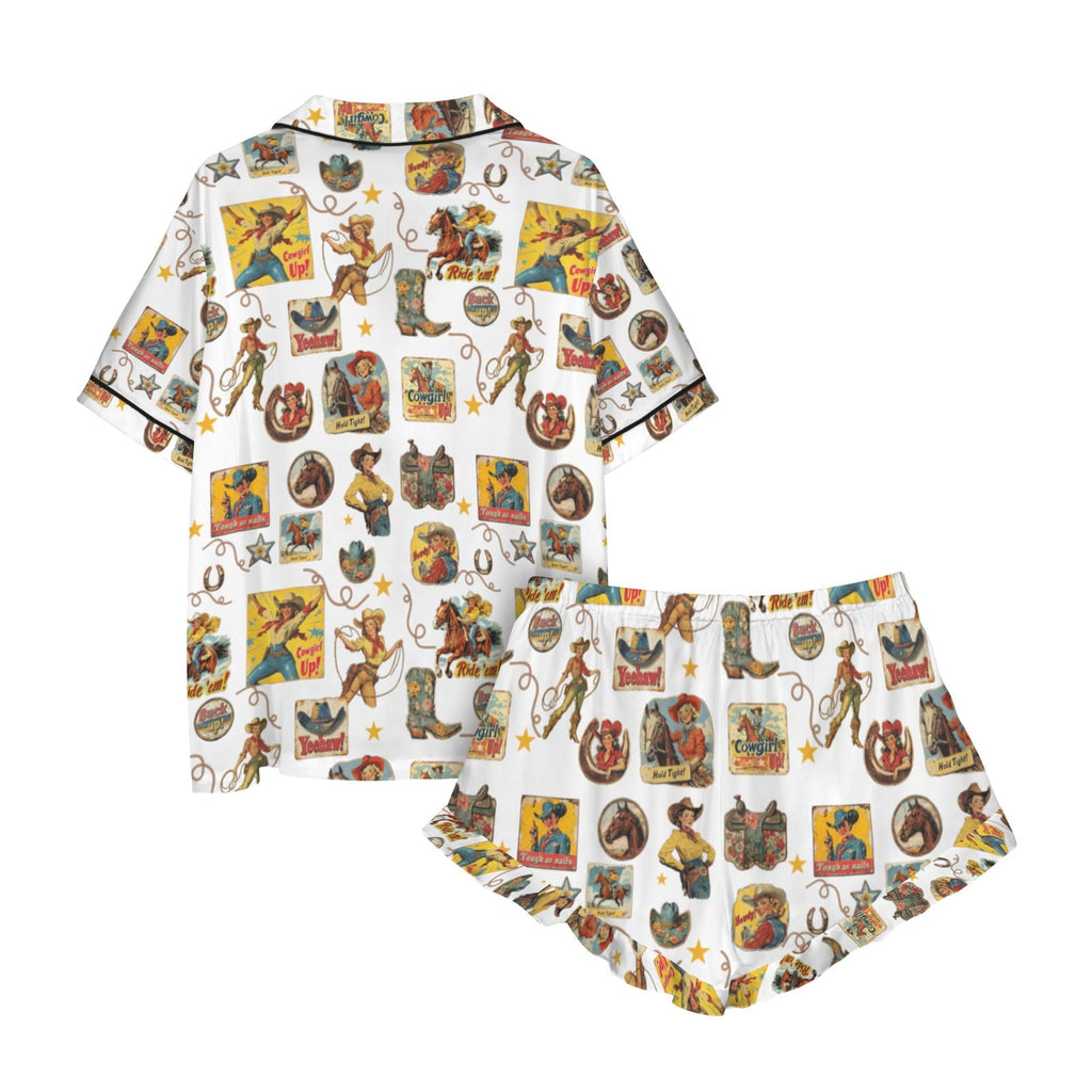 Vintage Cowgirl Collage Western Satin Ruffle Pajama Set