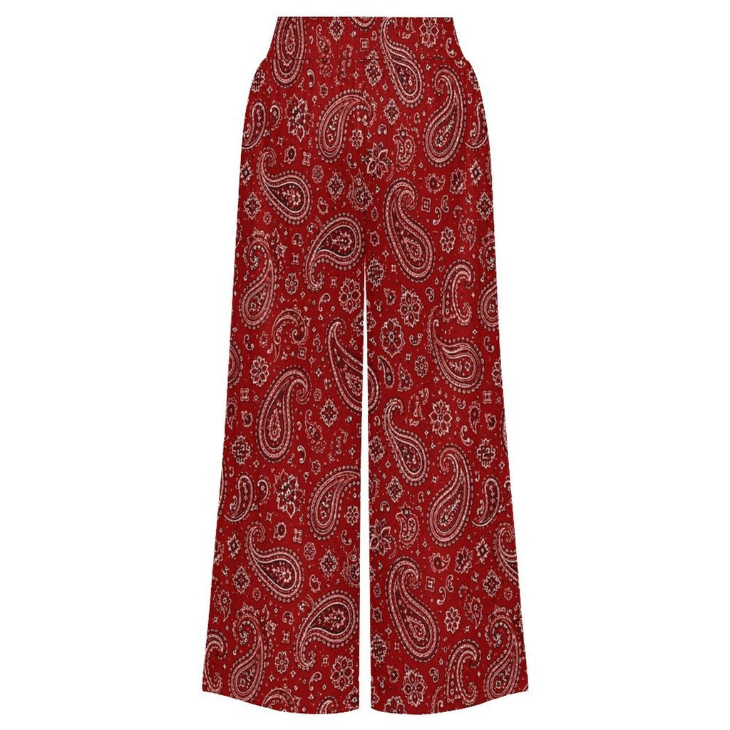 Baha Ranch Red Paisley Bandana Large Print High Waisted Wide Leg Pants