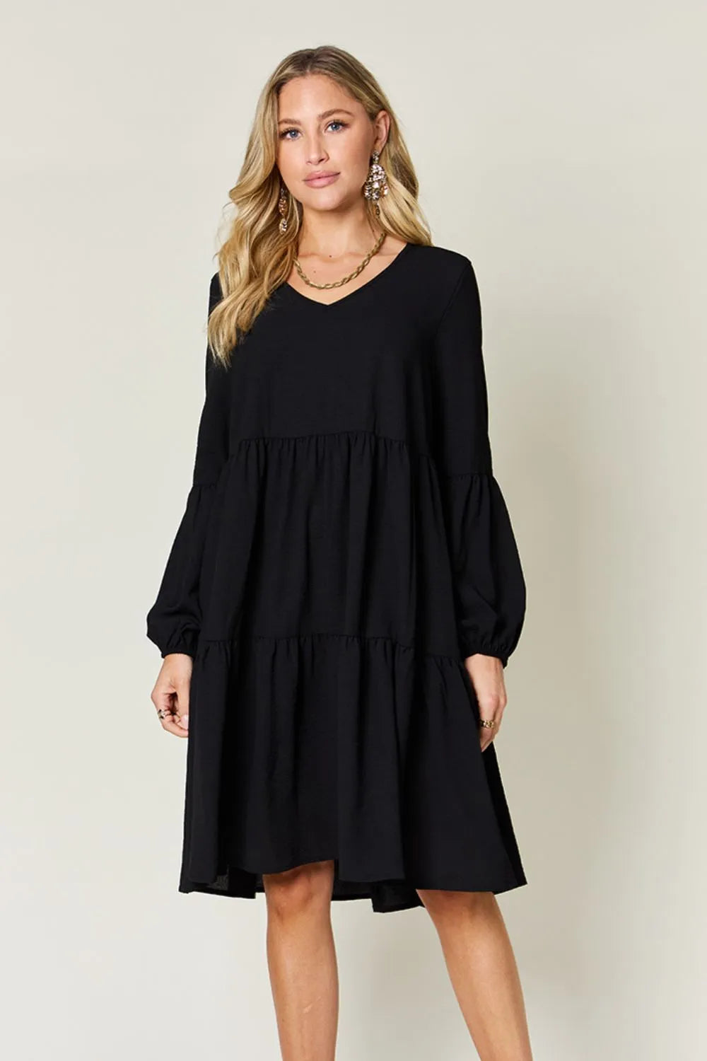 Garden Naked Double Take Full Size V-Neck Balloon Sleeve Tiered Dress with Pockets