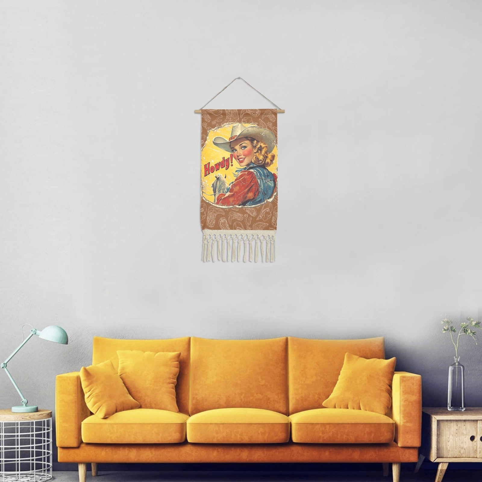 Howdy Vintage Cowgirl Western Wall Decor Linen Hanging Poster with Fringe Made in America