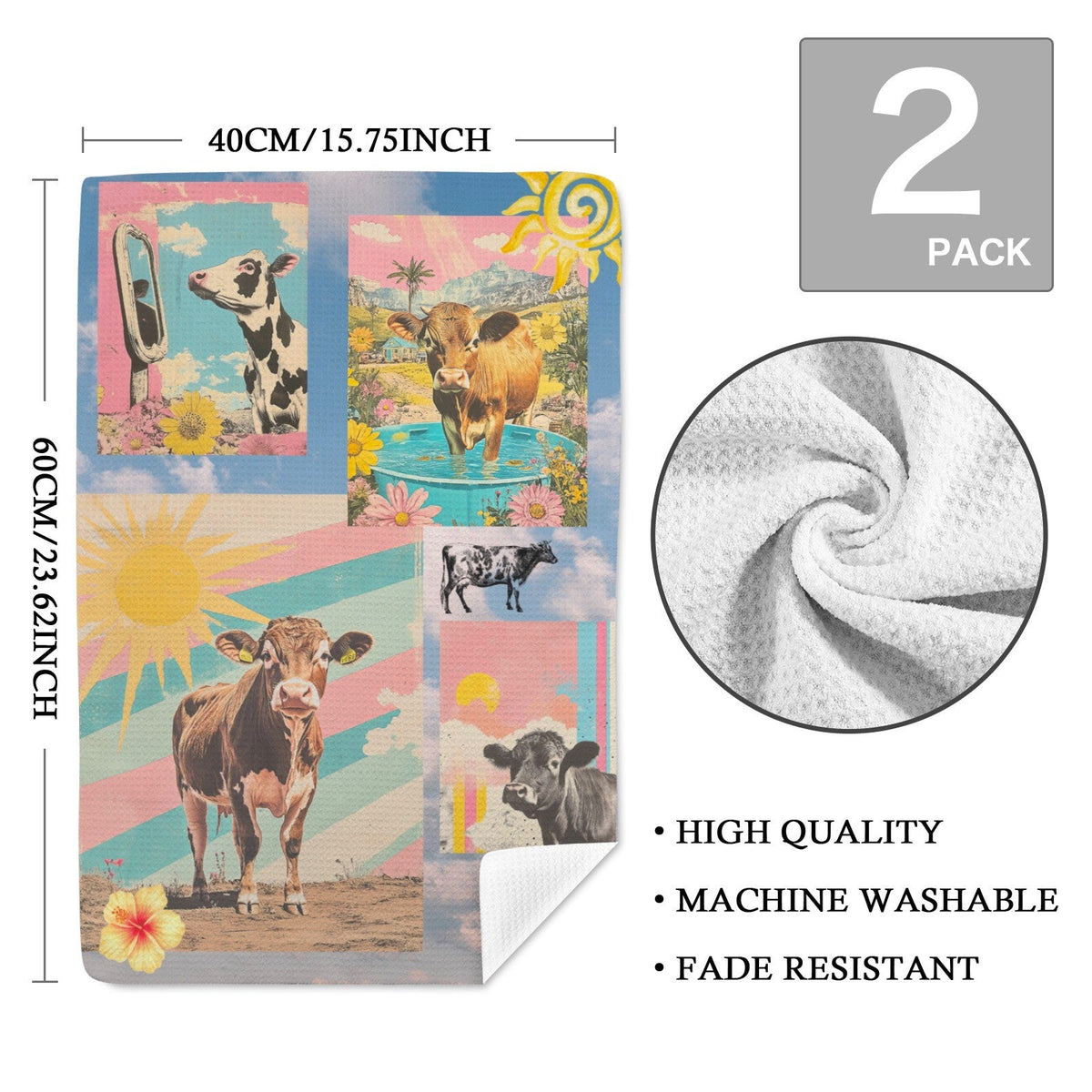 Baha Ranch Summer Cows Set of 2 (same) Kitchen Dish Towels Made in America