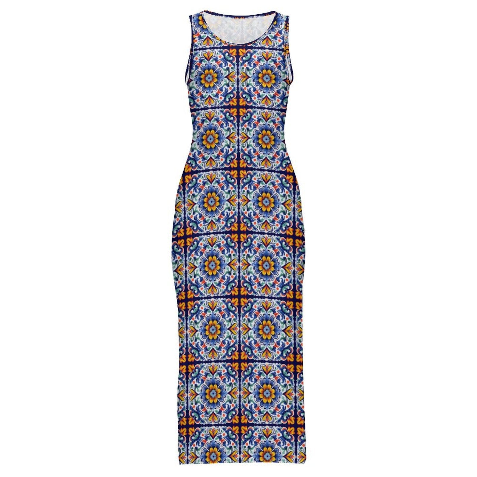 Colores de Mexico Talavera Sleeveless Bodycon Side Slit Long Dress