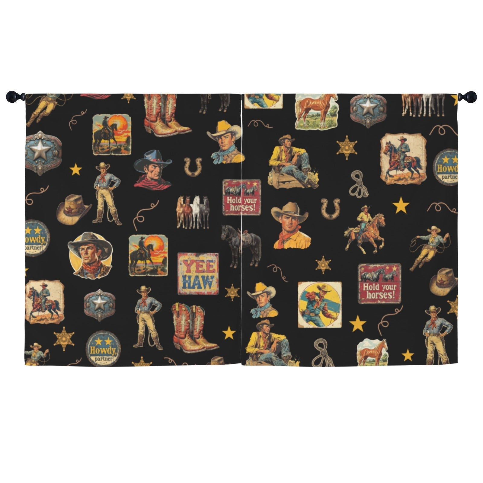 Vintage Cowboy Collage Western Curtains 52" x 63" Made in America