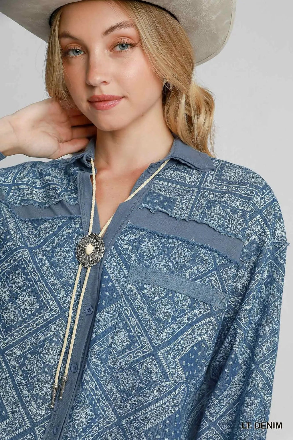 Garden Naked Umgee Paisley Print Denim Shirt Jacket