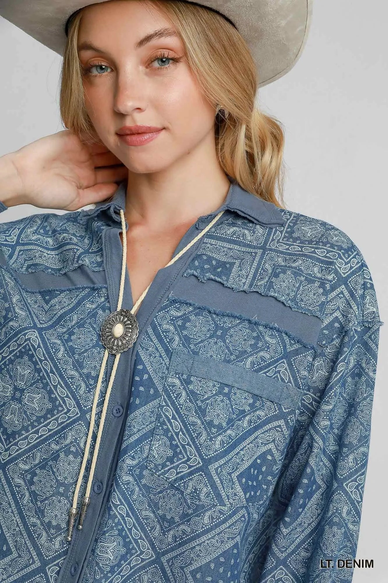 Garden Naked Umgee Paisley Print Denim Shirt Jacket