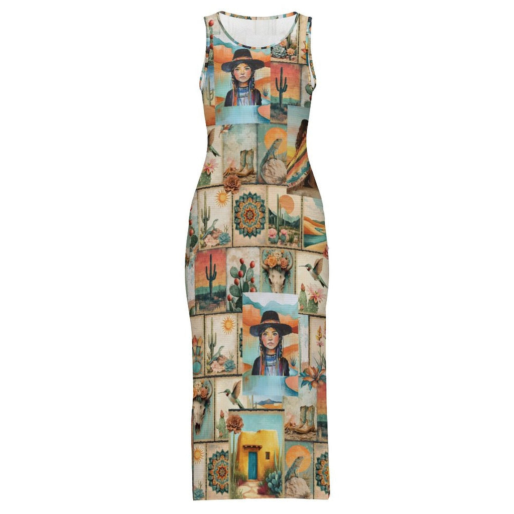 Colores de Mexico Pictures of the Southwest Sleeveless Bodycon Side Slit Long Dress