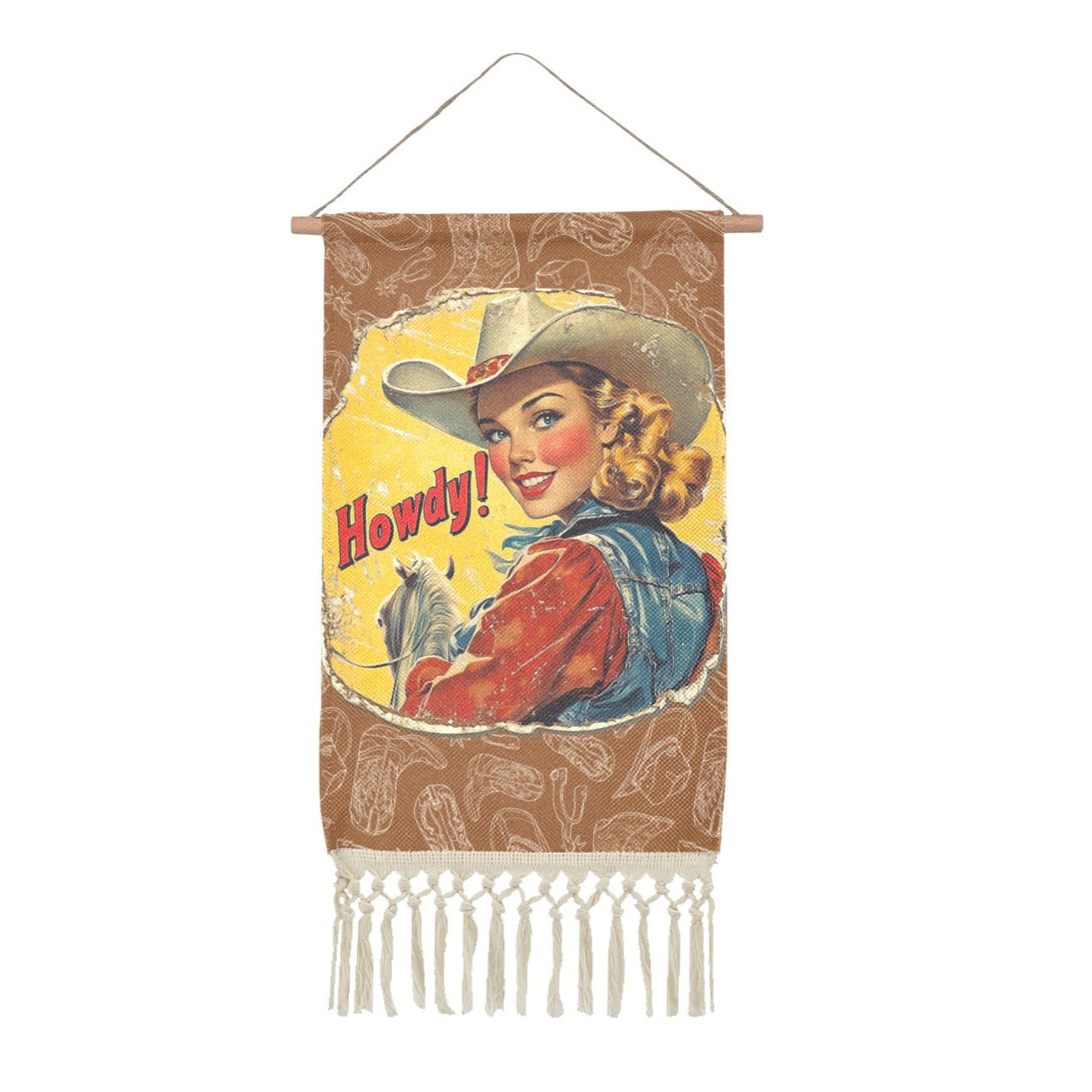 Howdy Vintage Cowgirl Western Wall Decor Linen Hanging Poster with Fringe Made in America