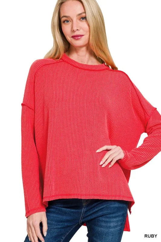 Garden Naked Zenana Full Size Exposed Seam Long Sleeve Corded Rib Knit Top Plus Size