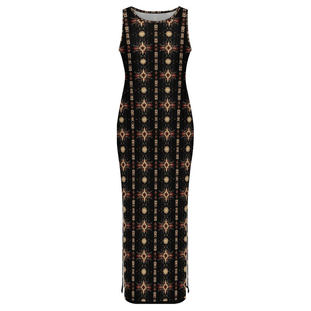 Black and Tan Aztec Sleeveless Bodycon Side Slit Maxi Dress