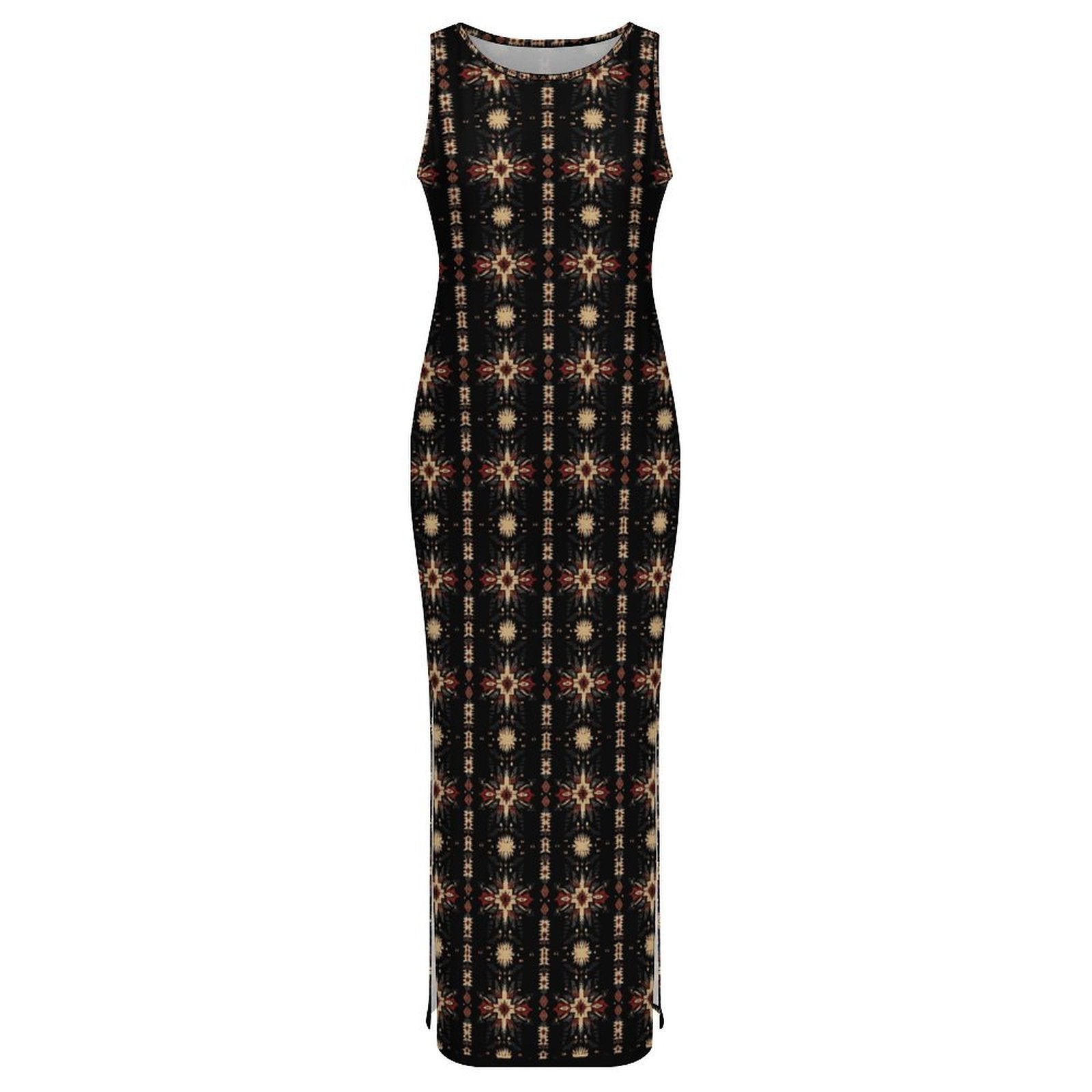 Black and Tan Aztec Sleeveless Bodycon Side Slit Maxi Dress