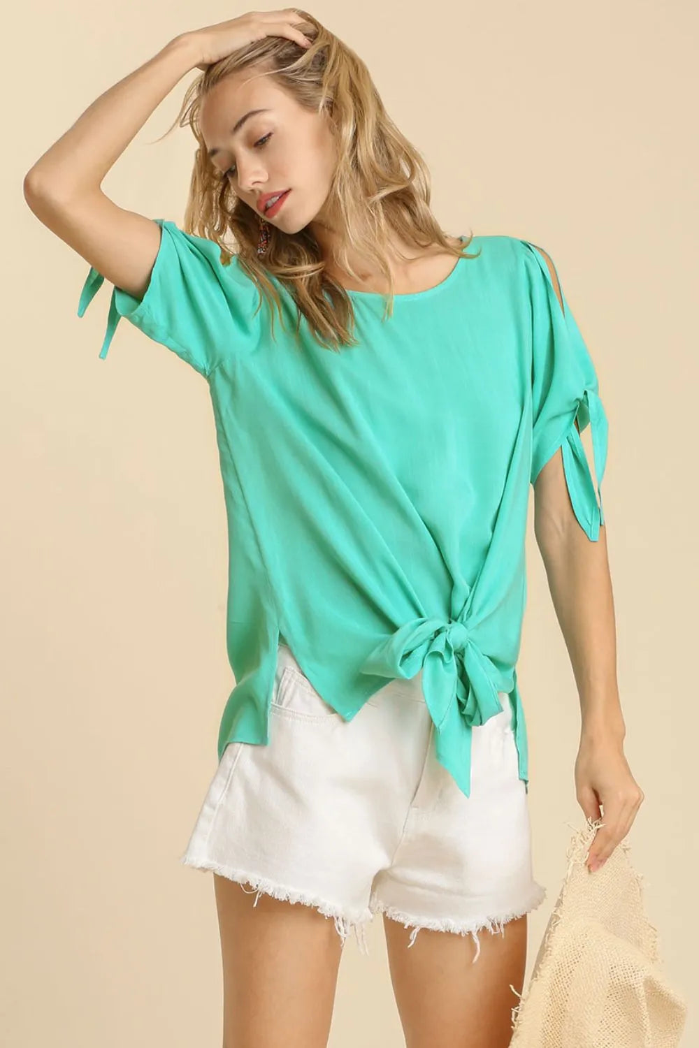 Garden Naked Umgee Cold Shoulder Short Sleeve Round Neck Top with Side Slits and Tie-able Knot Details