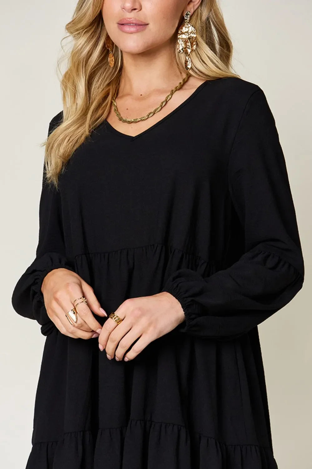 Garden Naked Double Take Full Size V-Neck Balloon Sleeve Tiered Dress with Pockets