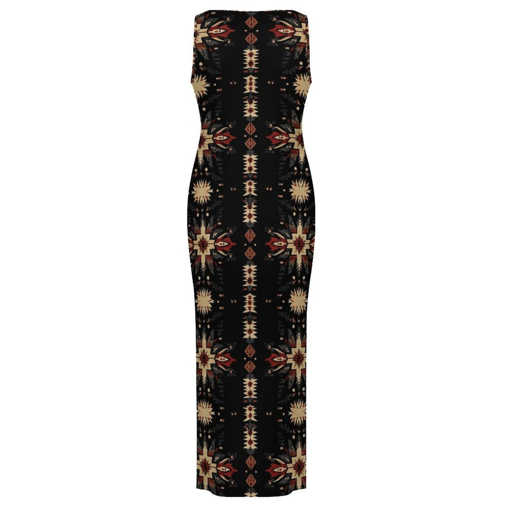 Black and Tan Aztec Bodycon Side Slit Western Maxi Dress