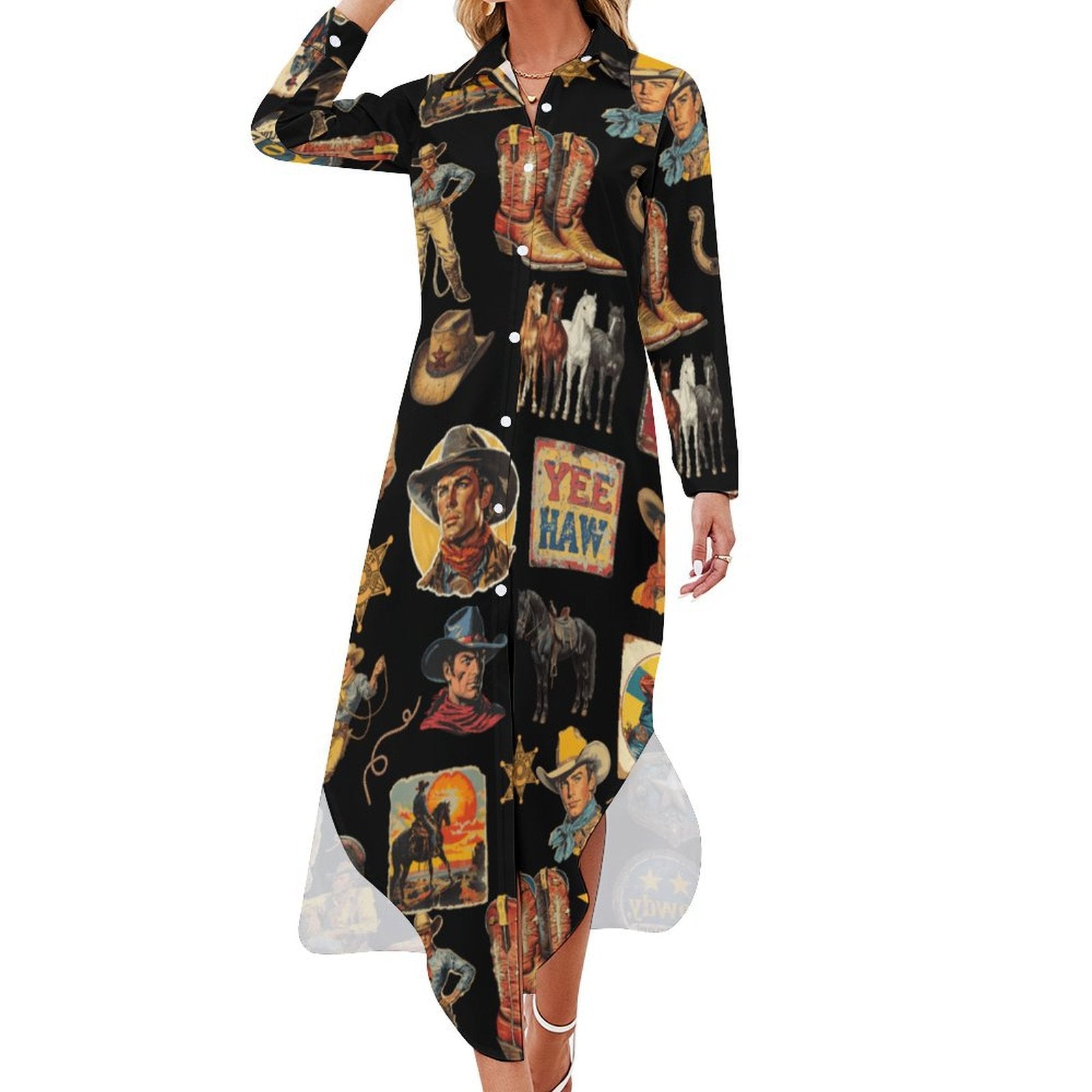 Vintage Cowboy Collage Western Long Sleeve Dress Duster
