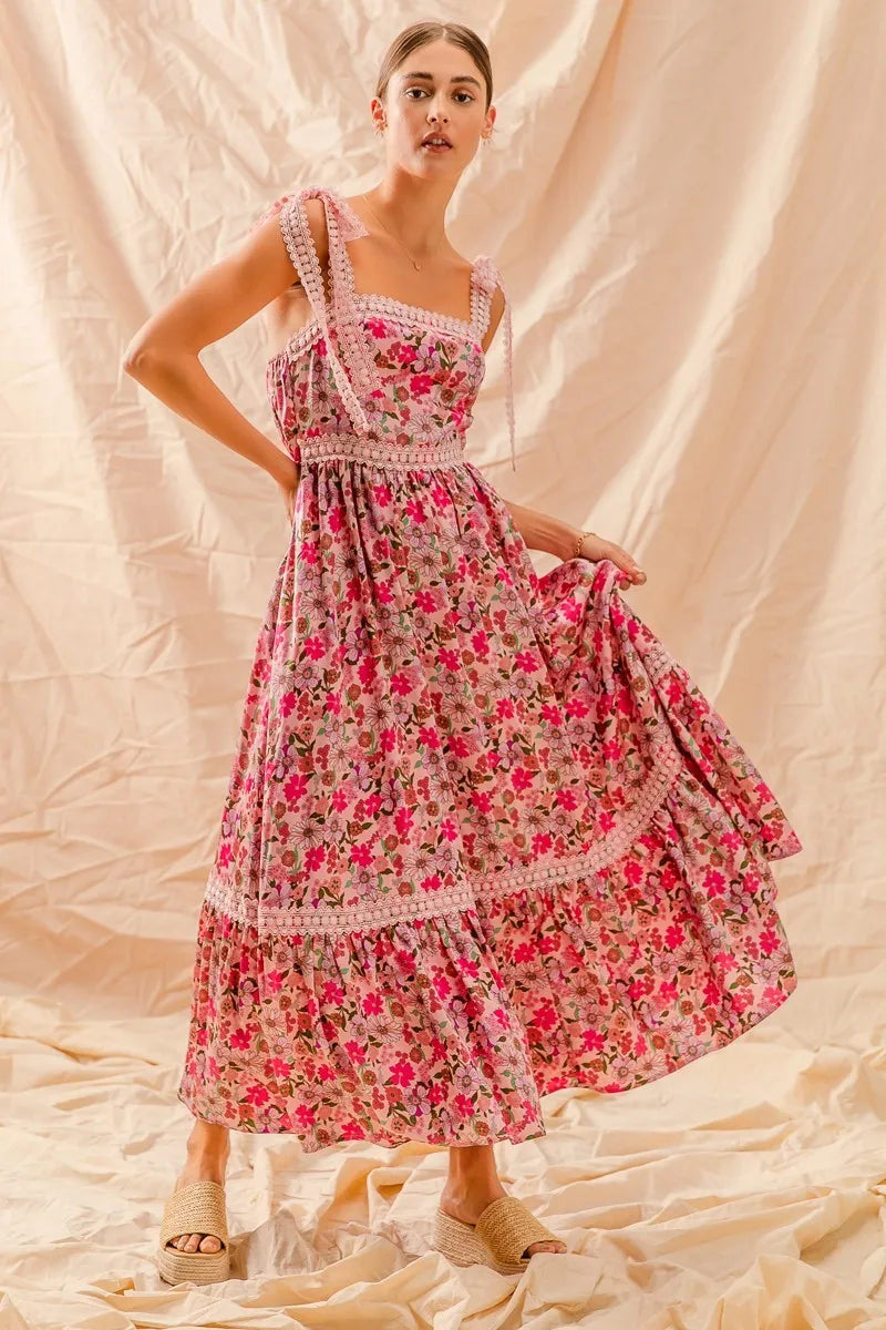 Garden Naked SO ME Floral Maxi Dress With Ribbon Tie Lace Strap
