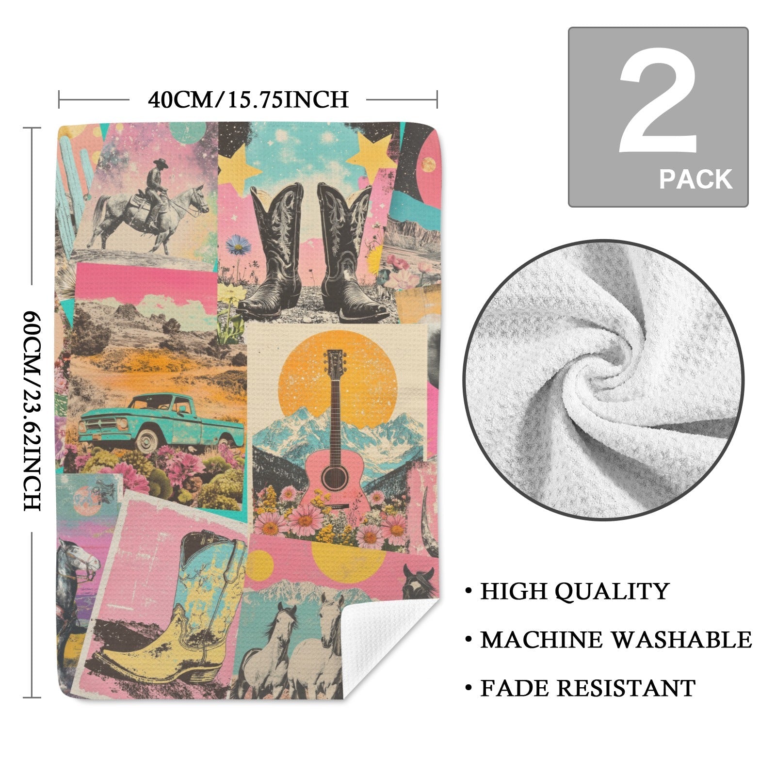 Retro Pop Western set of 2 Kitchen Dish Towels Made in America