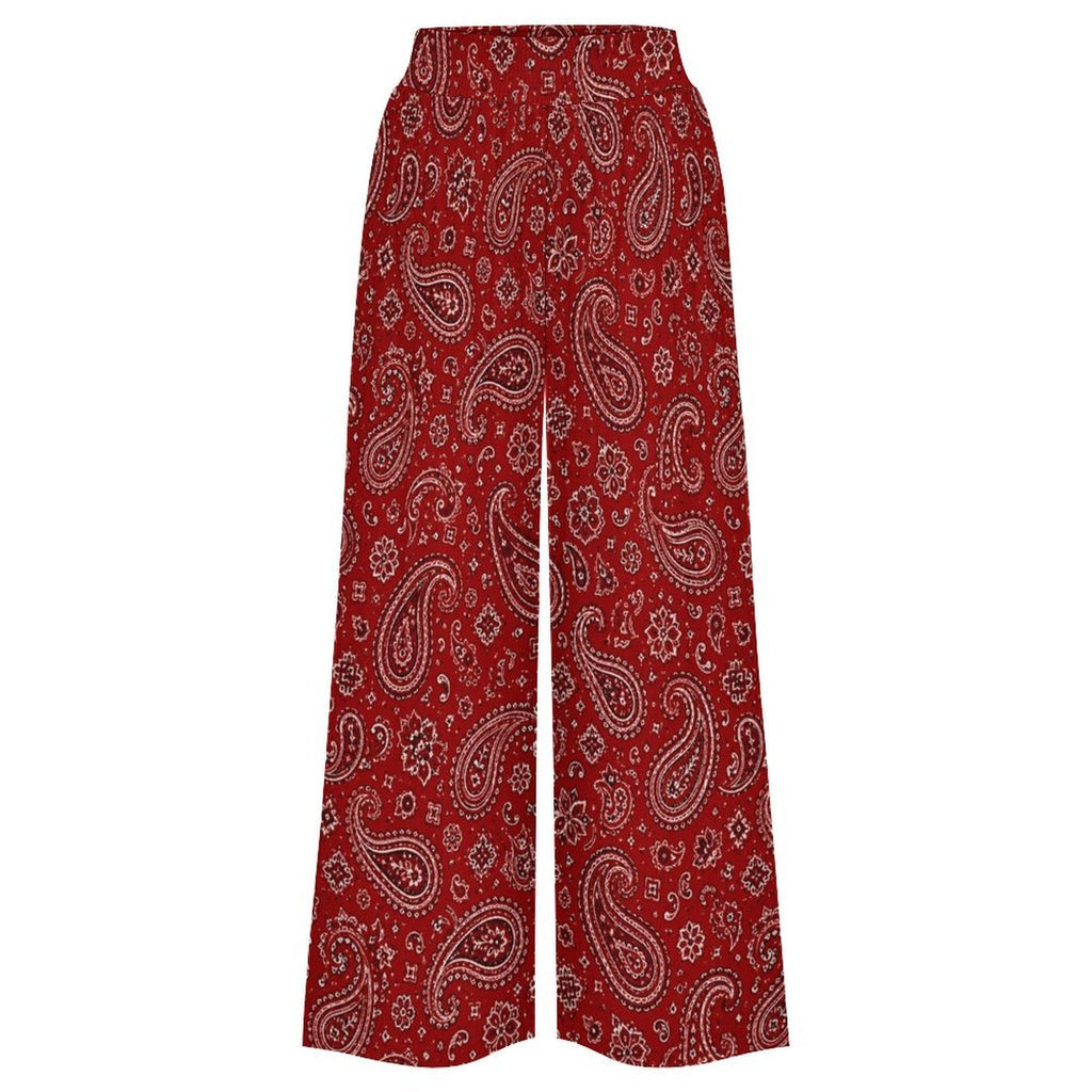 Baha Ranch Red Paisley Bandana Large Print High Waisted Wide Leg Pants