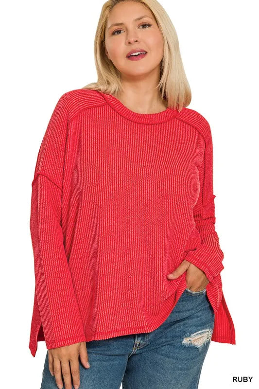 Garden Naked Zenana Full Size Exposed Seam Long Sleeve Corded Rib Knit Top Plus Size