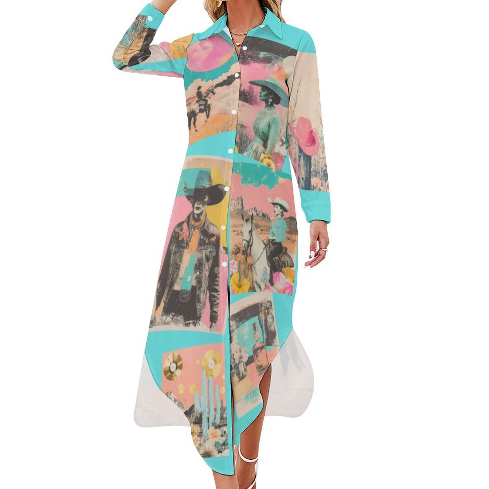 Baha Ranch Retro Pop Western Button Up Shirt Dress Duster