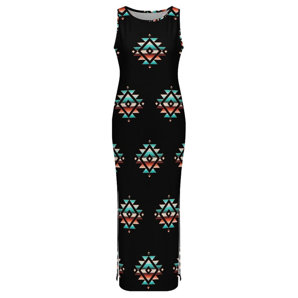 Southwestern Aztec Sleeveless Bodycon Side Slit Western Maxi Dress
