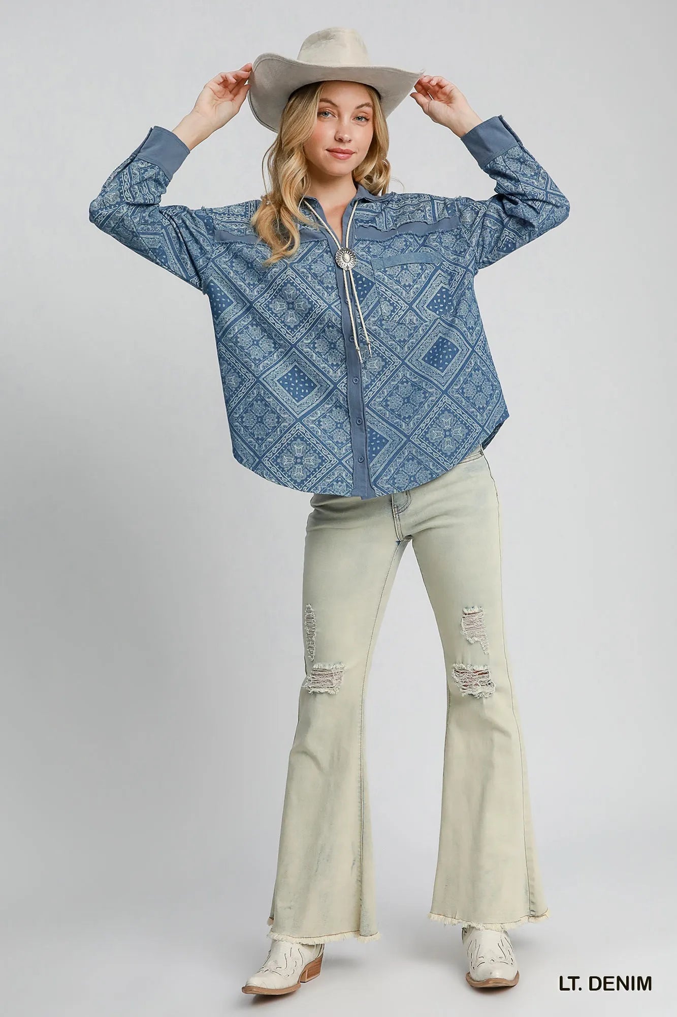 Garden Naked Umgee Paisley Print Denim Shirt Jacket