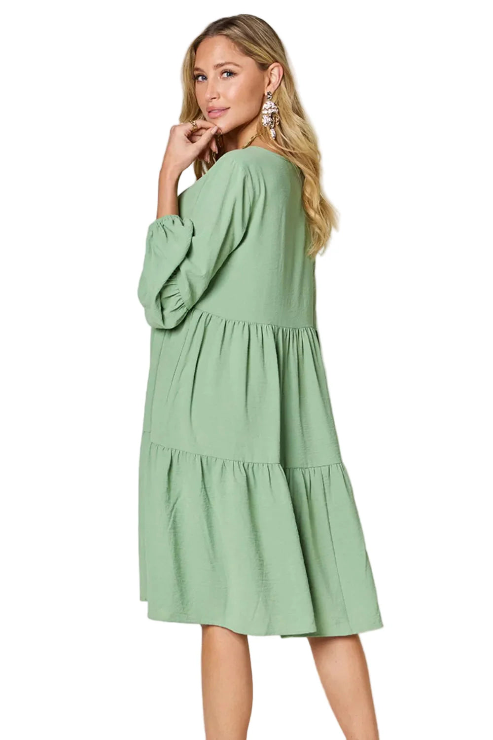 Garden Naked Double Take Full Size V-Neck Balloon Sleeve Tiered Dress with Pockets