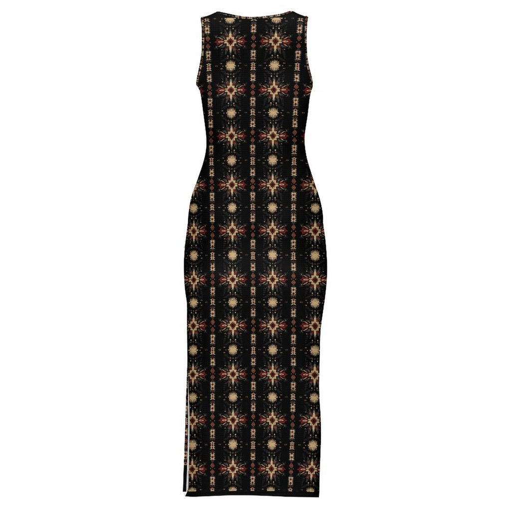 Black and Tan Aztec Sleeveless Bodycon Side Slit Maxi Dress