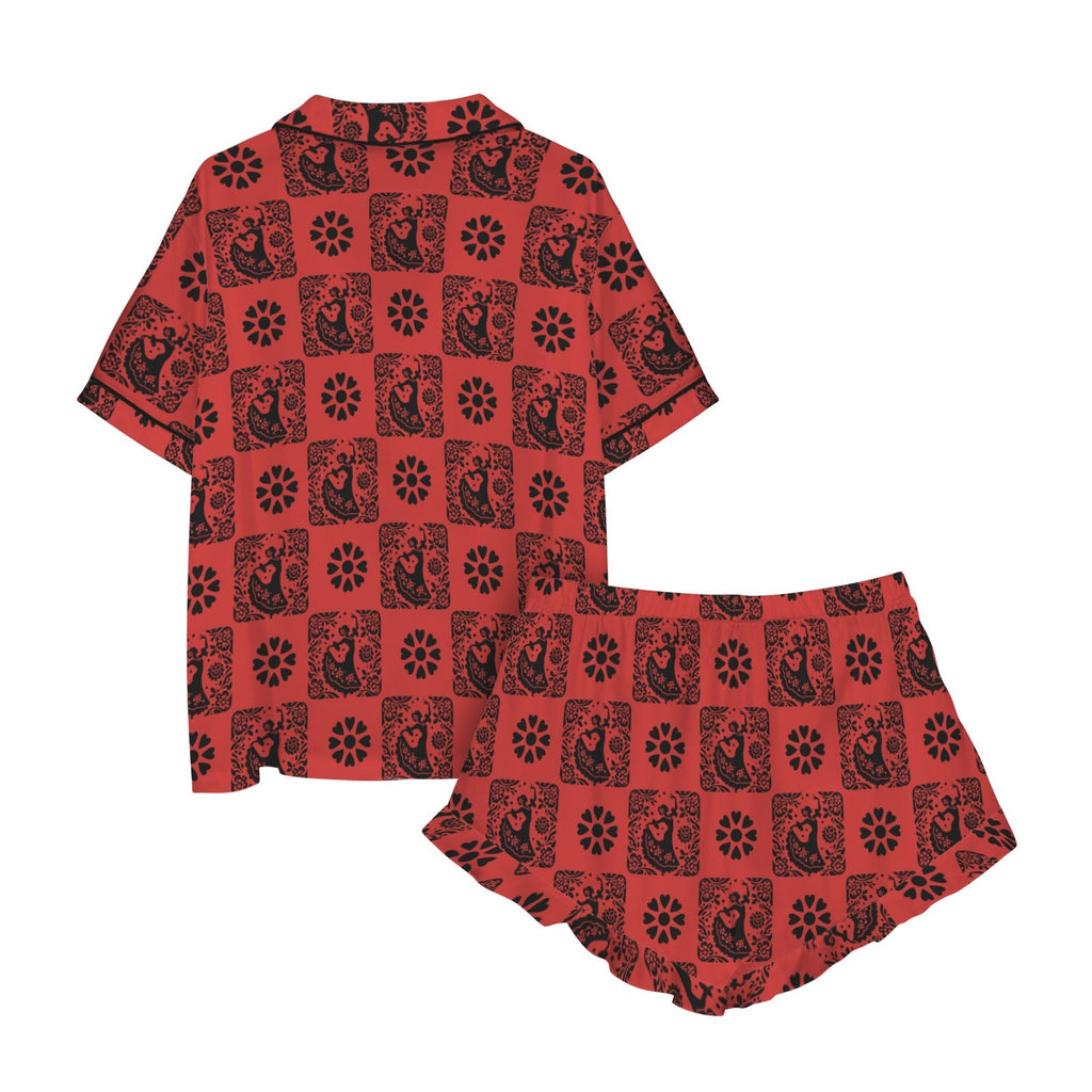 Colores de Mexico Red Flamenco Mexican Tile Talavera Floral Satin Pajamas