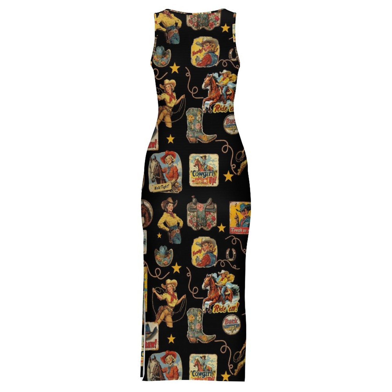 Vintage Cowgirl Collage Bodycon Side Slit Maxi Dress