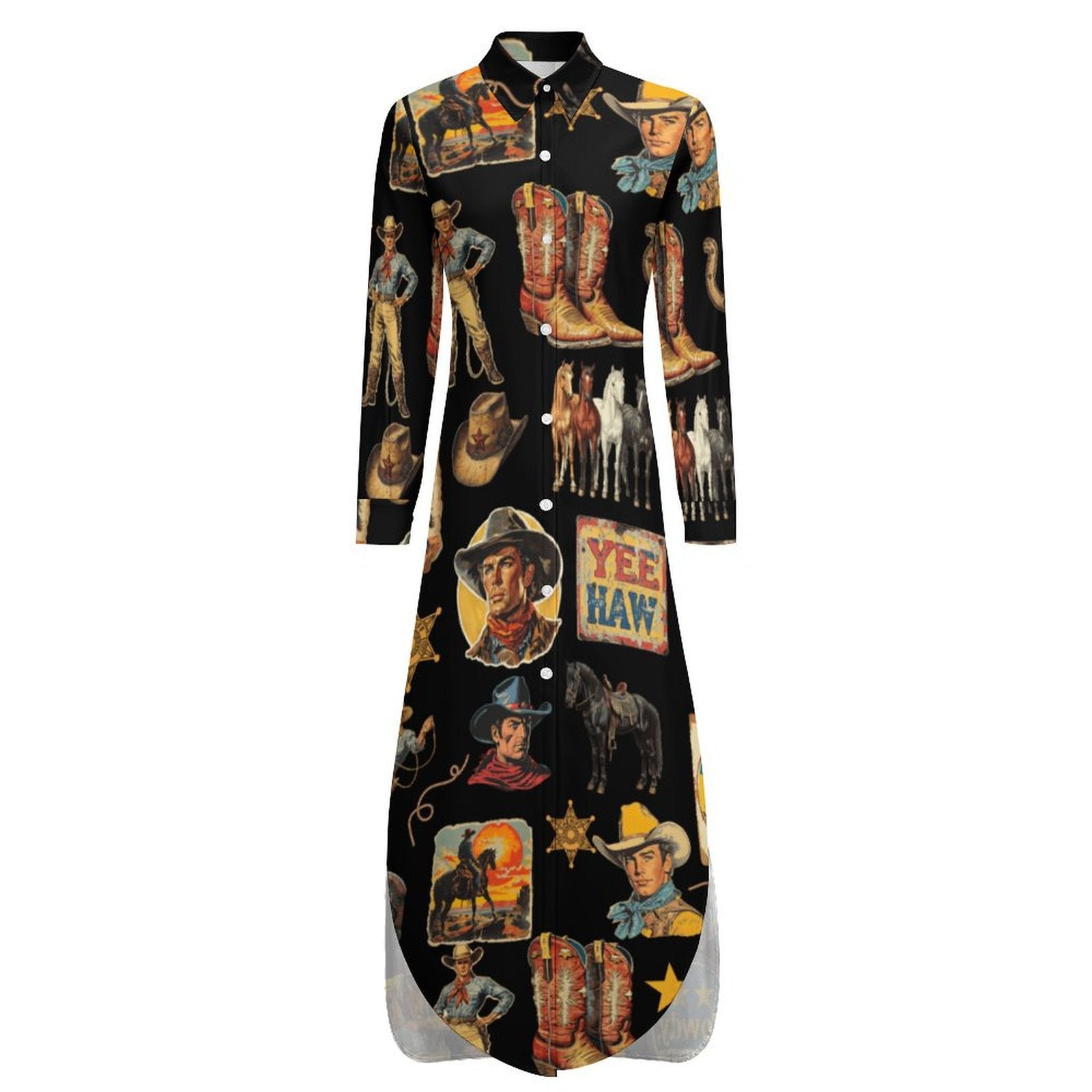 Vintage Cowboy Collage Western Long Sleeve Dress Duster