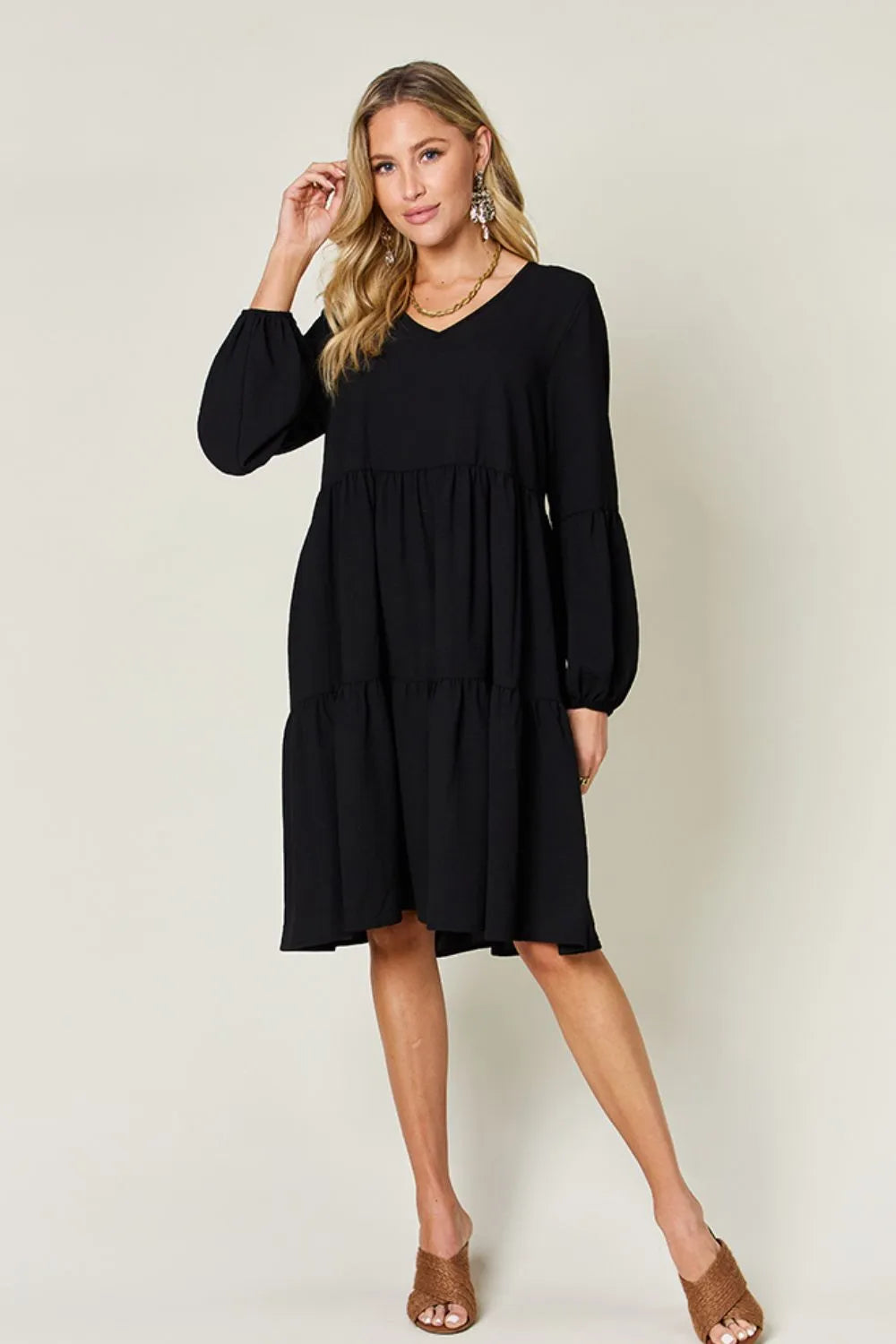 Garden Naked Double Take Full Size V-Neck Balloon Sleeve Tiered Dress with Pockets