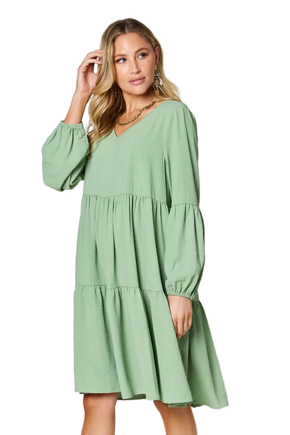 Garden Naked Double Take Full Size V-Neck Balloon Sleeve Tiered Dress with Pockets