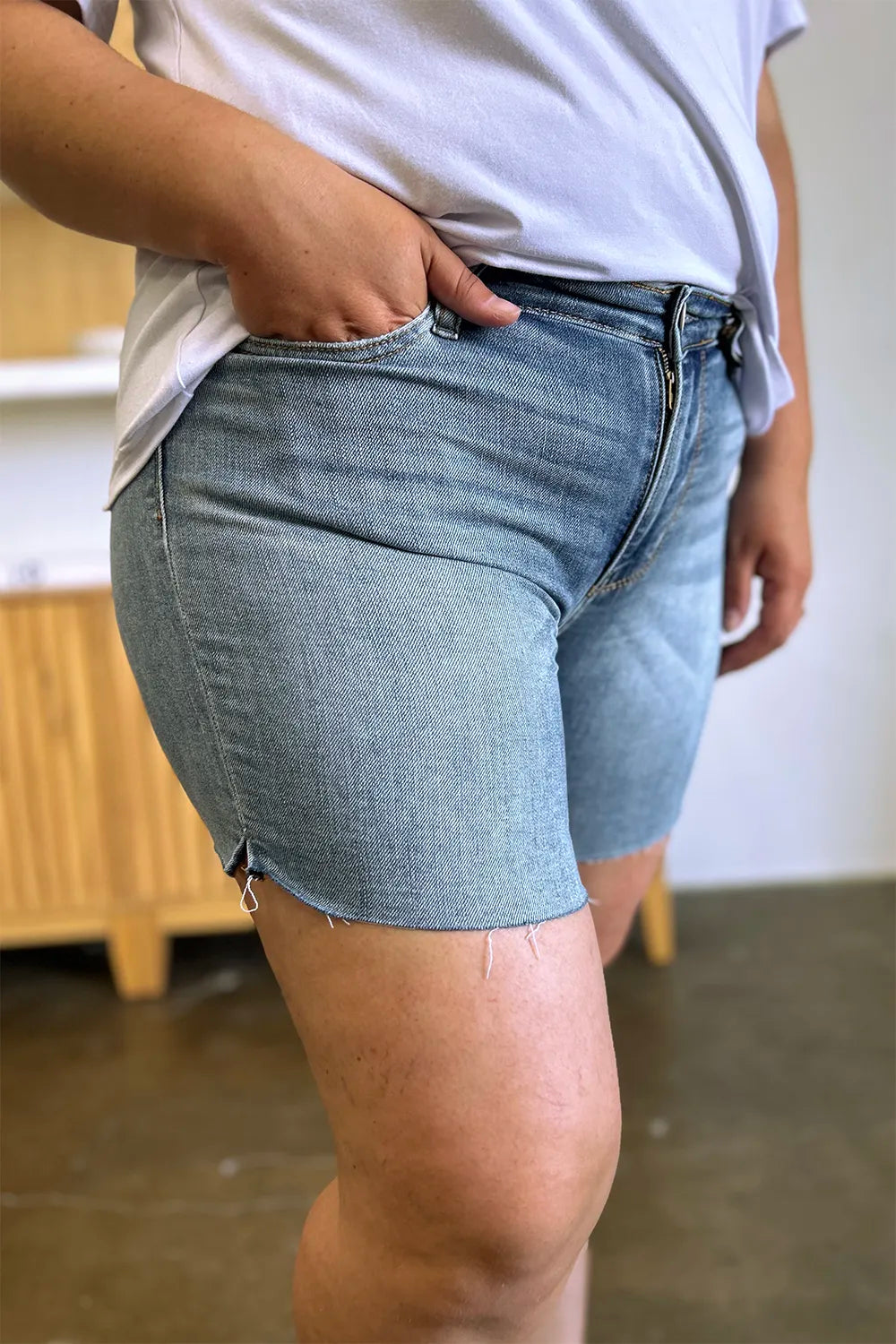 Garden Naked Judy Blue Full Size High Waist Raw Hem Denim Shorts