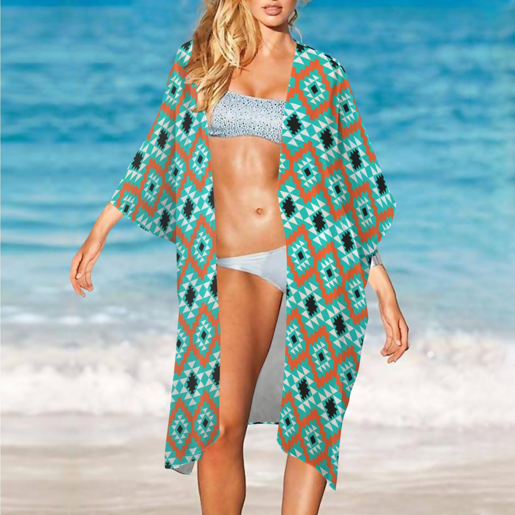 Turquoise Aztec Duster Kimono Coverup