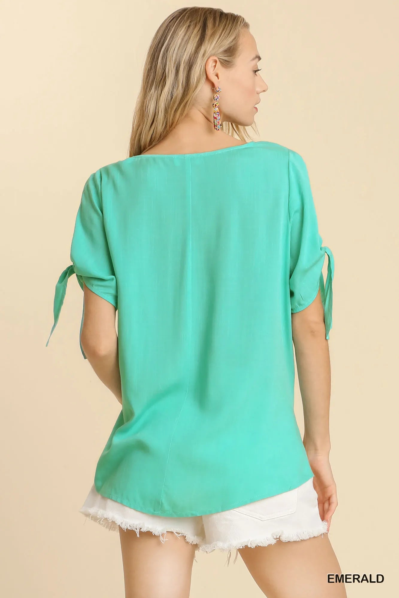 Garden Naked Umgee Cold Shoulder Short Sleeve Round Neck Top with Side Slits and Tie-able Knot Details