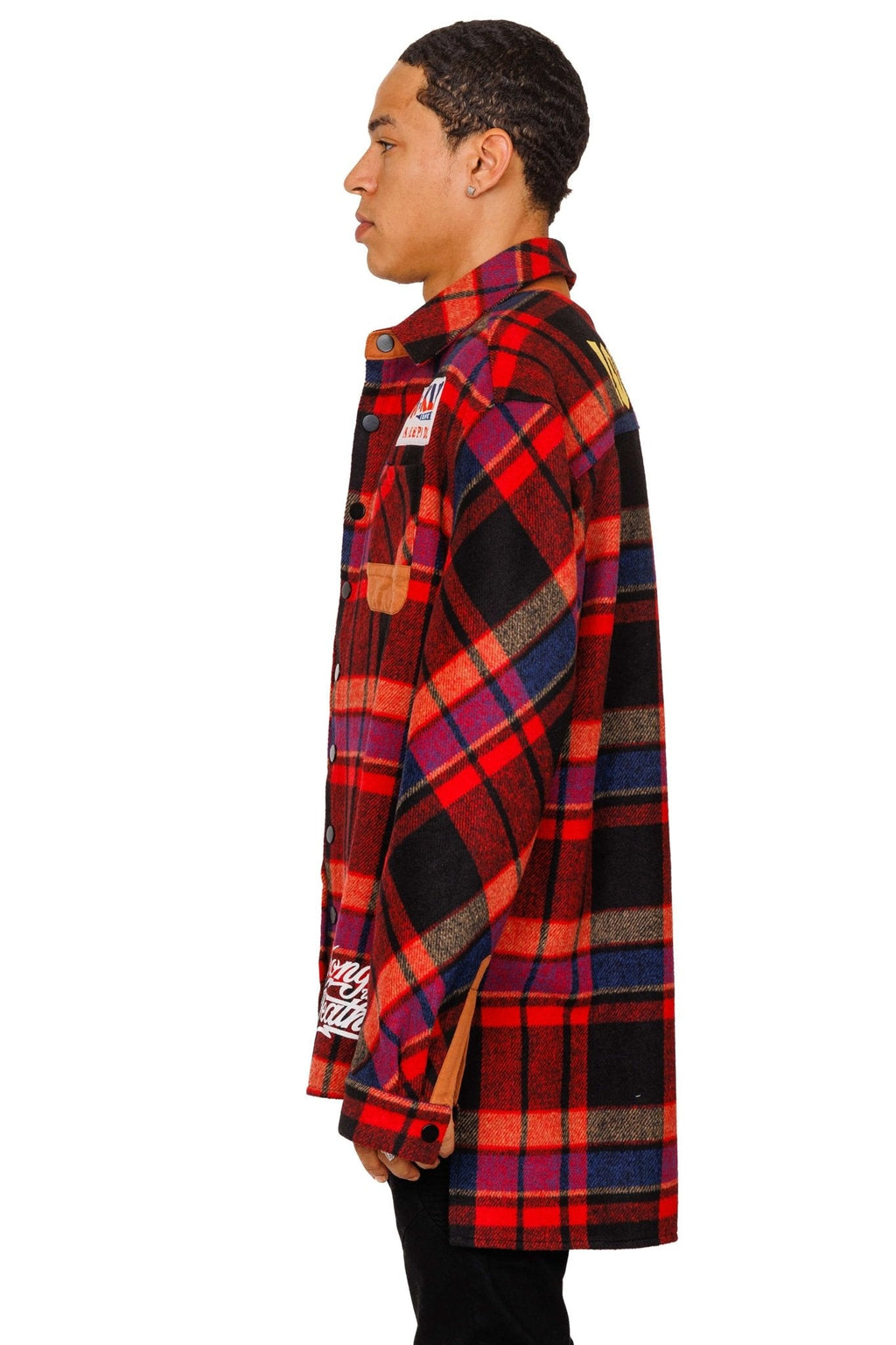 AUREOLIN Men's graphic prints and patches red plaid pattern cotton heavy flannel elongated oversize snap button outer shirt.