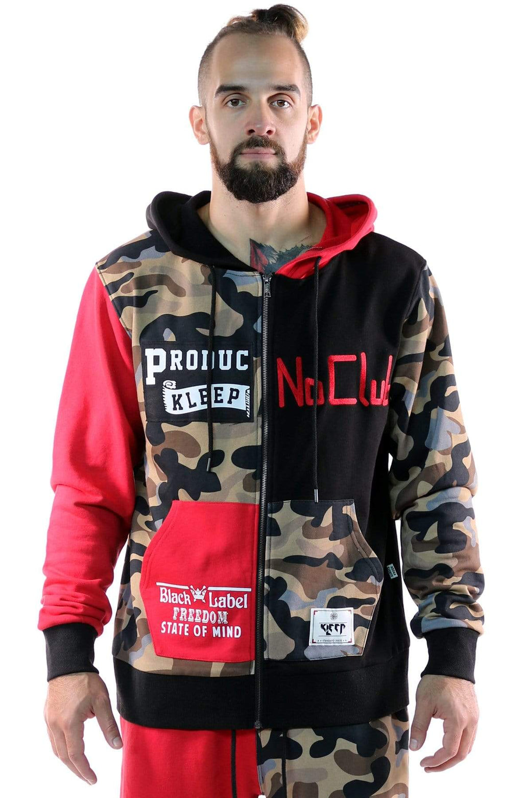 French Terry Zip Down Hoodie with Cut Block^&Patches&Prints