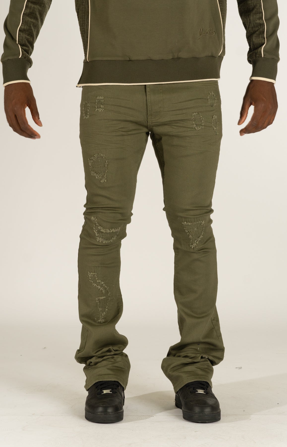 Makobi Benini Twill Stacked Jeans, Olive, product back