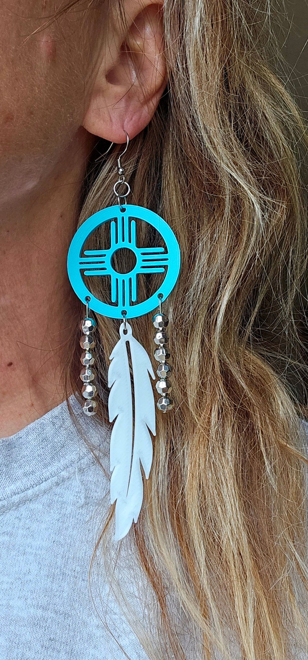 3D print Lightweight Turquoise New Mexico Zia Feather Dream Catcher Earrings Made in America