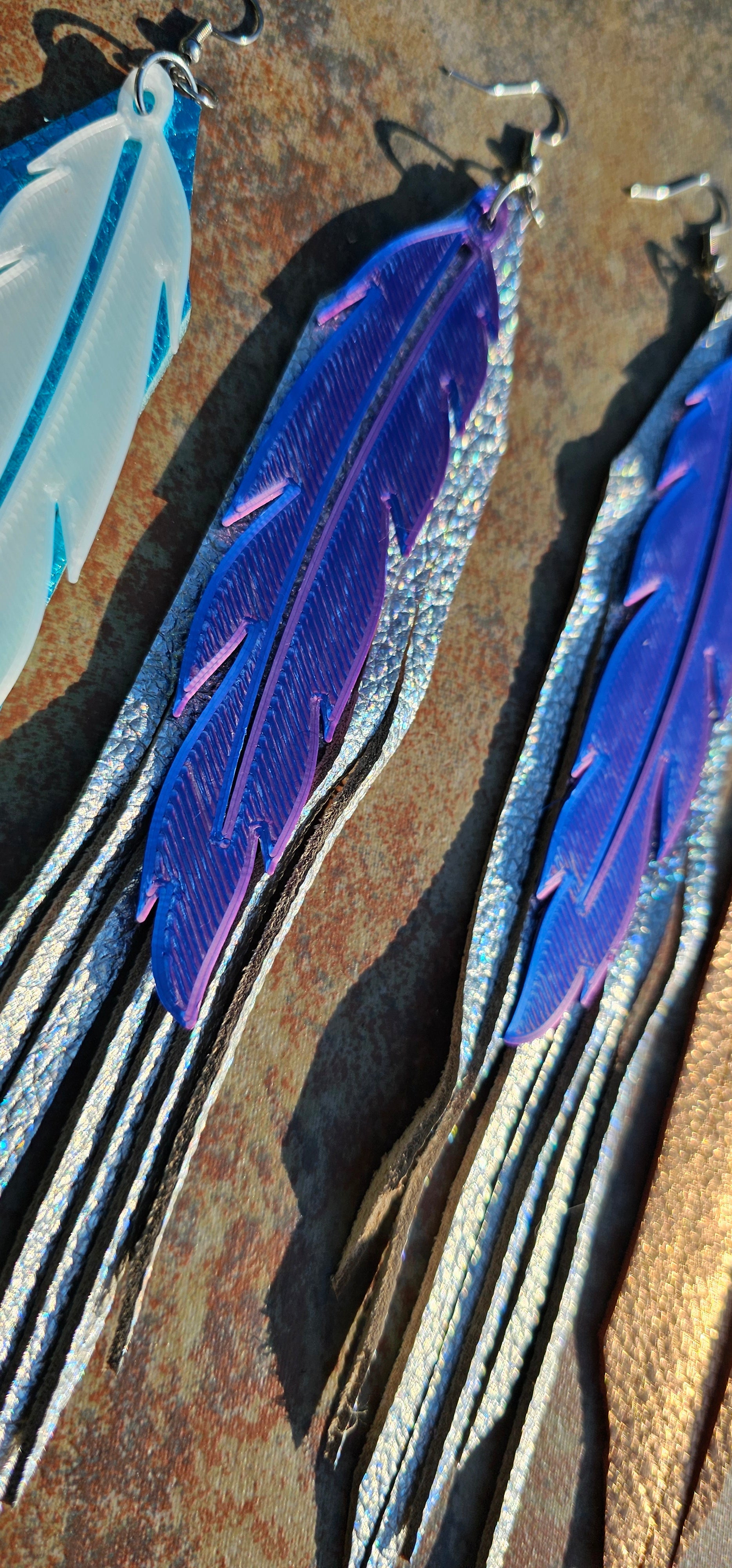 3D Printed Feather Leather Fringe Earrings Made in America