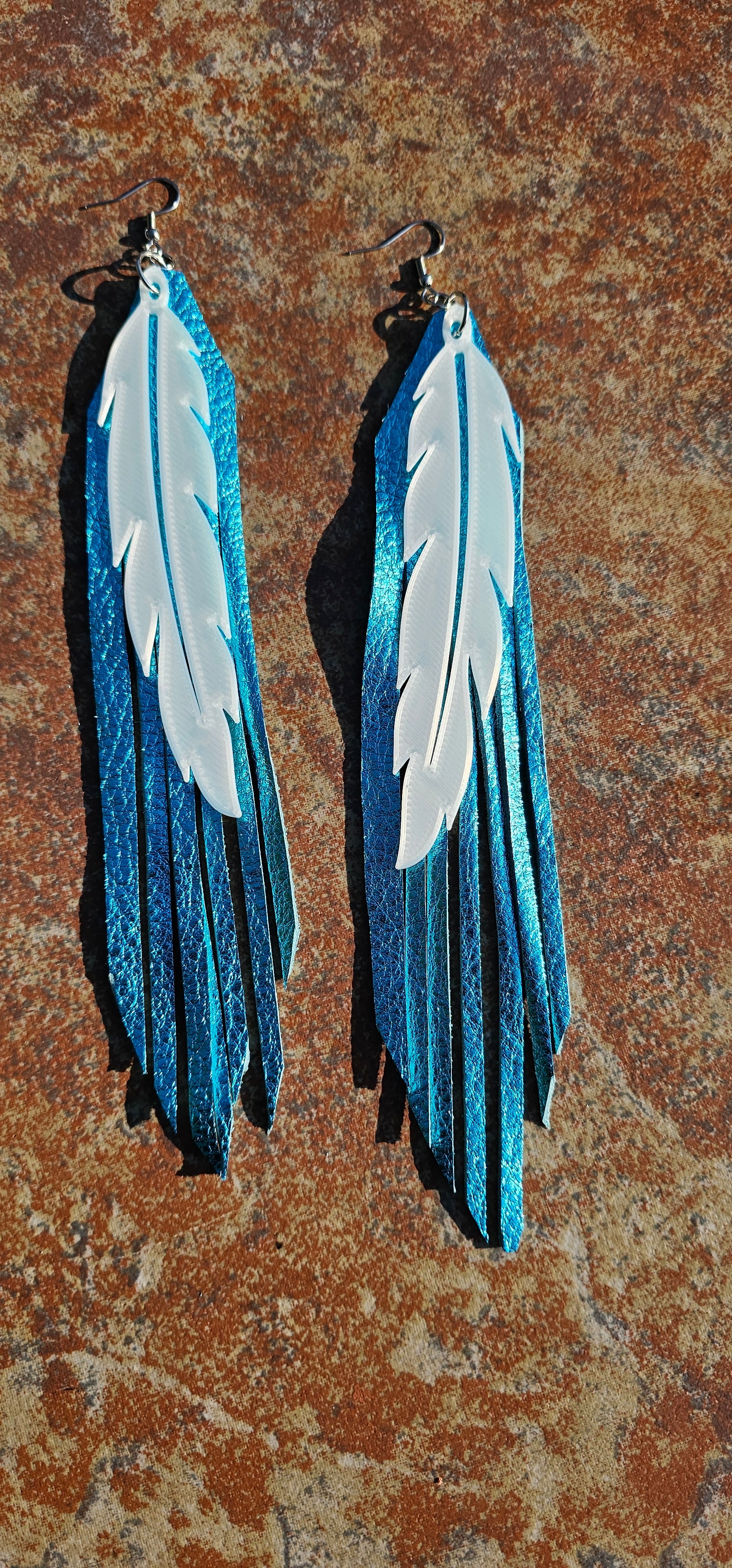 3D Printed Feather Leather Fringe Earrings Made in America