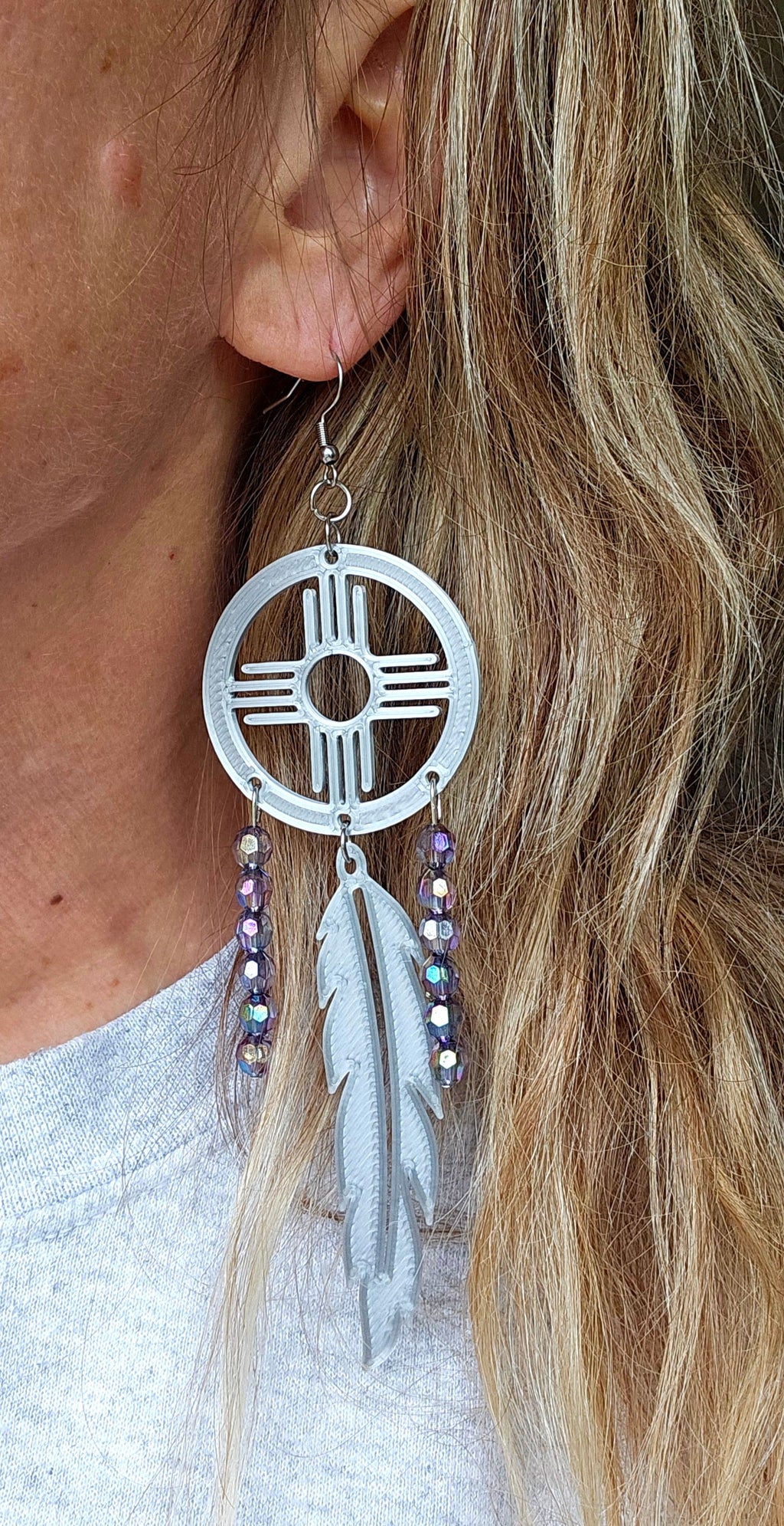 3D print Lightweight Silver New Mexico Zia Feather Dream Catcher Earrings Made in America