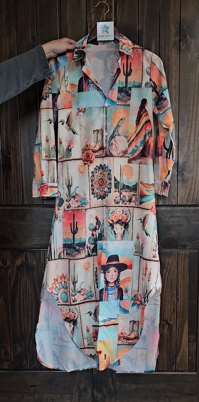 Colores de Mexico Pictures of the Southwest Button-Up Long Sleeve Shirt Dress Duster