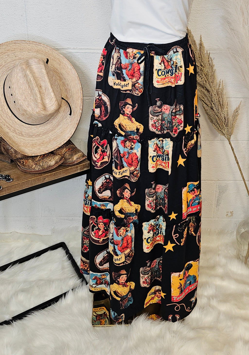 Vintage Cowgirl Collage Western Tiered Prairie Maxi Skirt