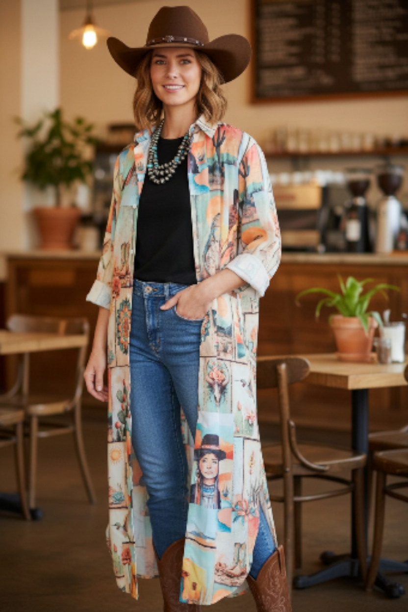 Colores de Mexico Pictures of the Southwest Button-Up Long Sleeve Shirt Dress Duster