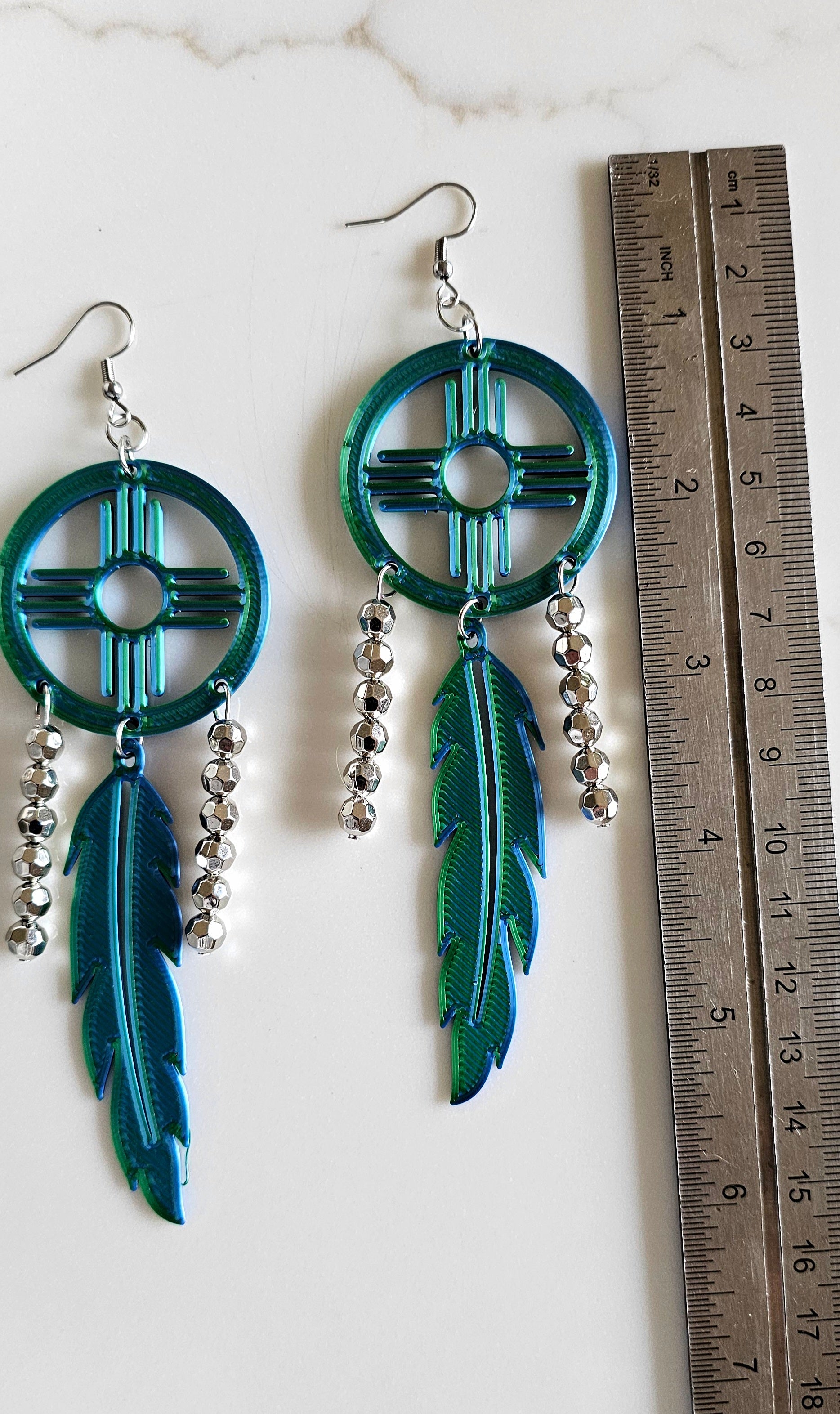 3D print Lightweight Green New Mexico Zia Feather Dream Catcher Earrings Made in America